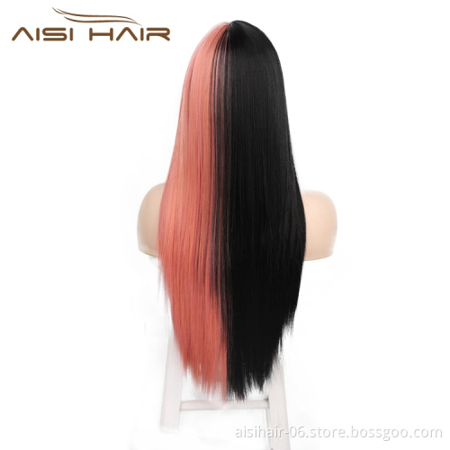 Aisi Hair Fiber Afro High Quality Cheap Straight Mixed Color Pink Black Long Heat Resistant Synthetic Hair Wigs